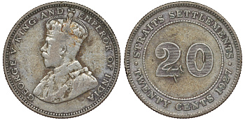 Стрейтс-Сетлментс 20 центов 1927 Георг V (1910-1936) КМ 30b серебро 53-746