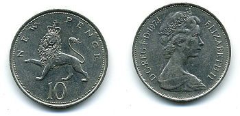 Великобритания 10 пенсов 1974 Елизавета II (1952-2022) KM 912, Spink 4231 (F1) медно-никель  4110-1334
