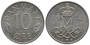 ДАНИЯ 10 ЭРЕ 1974 S; B, МАРГРЕТЕ II (1972-) KM 860.1 медно-никель 26-934