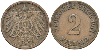 ГЕРМАНИЯ 2 ПФЕННИГА 1911 A KM 16, J. 11, Weege 4 медь 212-343