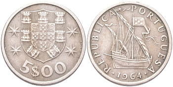 Португалия 5 эскудо 1964 KM 591 медно-никель 4143-456