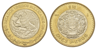 Мексика 10 песо 1997 Мо, бог Тонатиуха с огненной маской KM 616 биметалл aUNC 4637-716