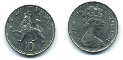 Великобритания 10 пенсов 1974 Елизавета II (1952-2022) KM 912, Spink 4231 (F1) медно-никель  4110-1334
