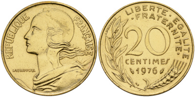 Франция 20 сантимов 1976 тип Марианна KM 930 медь алюминий никель    4153-415