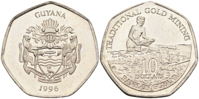 Гайана 10 долларов 1996 добыча золота KM 52 никелированная сталь UNC 4582-347