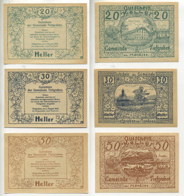 Австрия набор из 3 банкнот 1920 1 августа 1920, нотгельд, 20, 30, 50 геллеров, TIEFGRABEN am MONDSEE   бумага  aUNC  7555-9-3-2