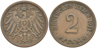 ГЕРМАНИЯ 2 ПФЕННИГА 1911 A KM 16, J. 11, Weege 4 медь 212-343