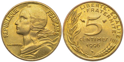 ФРАНЦИЯ 5 САНТИМОВ 1996 ТИП MARIANNE, 3 PILIS KM 933, LE FRANC 125.38 медь алюминий никель 116-463