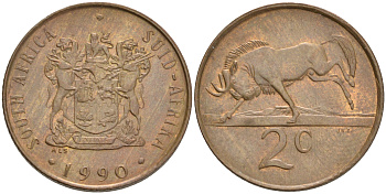 ЮАР 2 цента 1989 герб, антилопа гну KM 83 бронза UNC 4561-734