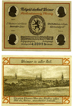 Веймар 25 пфеннигов 1921 1 марта 1921, нотгельд (WEIMAR), земля Тюрингия, DRFA серая Grabowski 1398.2а бумага 2196-6-1-1