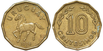 Уругвай 10 сентесимо 1976 KM 66 алюминиевая бронза 4164-745