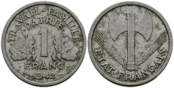 Франция 1 франк 1942 Правительство Виши KM 902.1, Le Franc 222.2 алюминий 4138-245