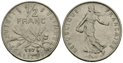 Франция 1/2 франка 1976 сеятель KM 931 никель 4135-712