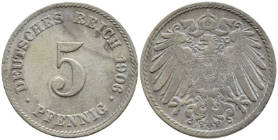 Германия 5 пфеннигов 1906 J KM 11, Jager 12, Weege 6 медно-никель 4396-261