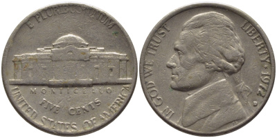США 5 ЦЕНТОВ 1972 D, ДЖЕФФЕРСОН KM А192 медно-никель 31-631