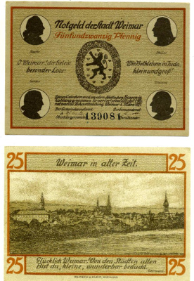 Веймар 25 пфеннигов 1921 1 марта 1921, нотгельд (WEIMAR), земля Тюрингия, DRFA серая Grabowski 1398.2а бумага 2196-6-1-1