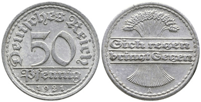 ГЕРМАНИЯ 50 ПФЕННИГОВ 1921 A KM 27, J. 301 алюминий 24-1041