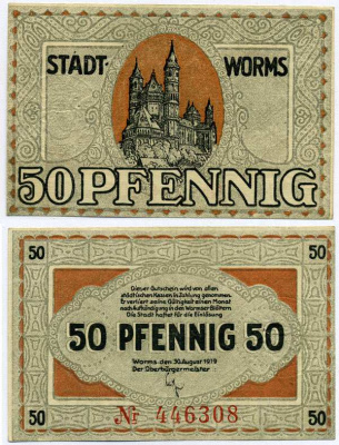 ВОРМС, ГЕРМАНИЯ 50 ПФЕННИГОВ 1919 30 АВГУСТА 1919, НОТГЕЛЬД, ЗЕМЛЯ РЕЙЛАНД-ПФАЛЬЦ, СЕРИЯ И НОМЕР КРАСНЫЕ, ВОДЯНОЙ ЗНАК ZICKZACKLINEN Grabowski W62.2a бумага 8613-36-1-1
