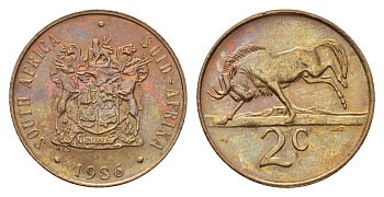 ЮАР 2 цента 1986 герб, антилопа гну KM 83 бронза aUNC 4693-557