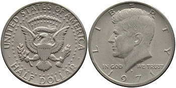 США 1/2 доллара (50 центов) 1971 D, Джон Кеннеди KM 202b медь плакированная медно-никелем 272-543