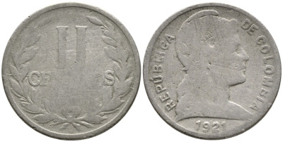 КОЛУМБИЯ 2 СЕНТАВО 1921 KM 198 медно-никель 4532-212