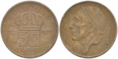 БЕЛЬГИЯ 50 САНТИМОВ 1953 BELGIQUE KM 144 бронза 4528-125