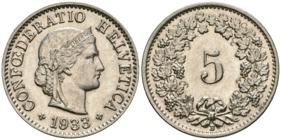 Швейцария 5 раппенов 1933 KM 26b никель UNC 4608-1034