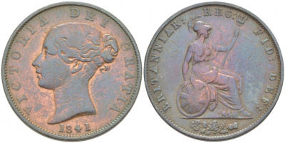 Великобритания 1/2 пенни 1841 Виктория (1837-1901) KM 726, Spink 3949 медь 1515-2214