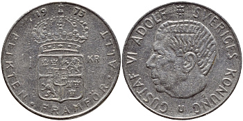 Швеция 1 крона 1973 Густав VI Адольф (1950-1973) KM 826а медь плакированная медно-никелем 4395-733