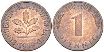 ФРГ 1 ПФЕННИГ 1979 D KM 105, J. 380 сталь плакированная медью 4181-636