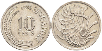 Сингапур 10 центов 1980 морской конек KM 3 медно-никель 187-457