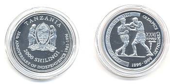 Танзания 2000 шиллингов 1996 XXVI Олимпийские игры 1996 года в Атланте, 100 лет Олимпийскому движению, боксеры, пробник, гладкий гурт алюминий PROOF 06-157-25