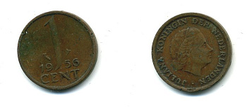 НИДЕРЛАНДЫ 1 ЦЕНТ 1956 ЮЛИАНА KM 180 бронза 35-1352
