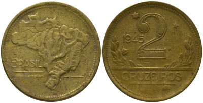 Бразилия 2 крузейро 1945 KM 559 алюминиевая бронза 4577-447