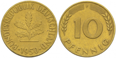 ФРГ 10 ПФЕННИГОВ 1950 F KM 108, J.383 сталь плакированная латунью 3996-613