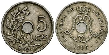 Бельгия 5 сантимов 1906 Belgique KM 54 медно-никель 4173-418