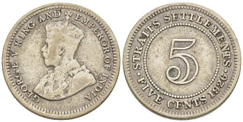 Стрейтс-Сетлментс 5 центов 1926 Георг V (1910-1936) KM 36 серебро 218-842