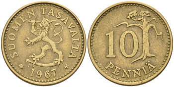 ФИНЛЯНДИЯ 10 ПЕННИ 1967 S KM 46 алюминиевая бронза 192-1031