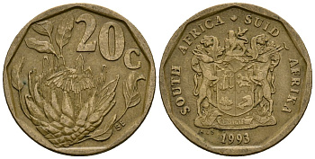 ЮАР 20 центов 1993 герб, цветок протея KM 136 сталь плакированная латунью 4173-963