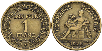 Франция 1 франк 1922 KM 876, Le Franc 218.5 алюминиевая бронза 4142-627