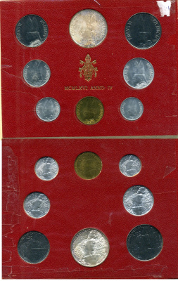 Ватикан набор из 8 монет 1966 1, 2, 5, 10, 20, 50, 100, 500 лир, в оригинальном буклете KM MS70 серебро UNC 8-1-01-02