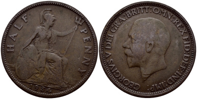 Великобритания 1/2 пенни 1934 Георг V (1910-1936) KM 837, Spink 4058 бронза 259-524