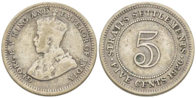 Стрейтс-Сетлментс 5 центов 1926 Георг V (1910-1936) KM 36 серебро 218-842