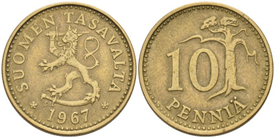 ФИНЛЯНДИЯ 10 ПЕННИ 1967 S KM 46 алюминиевая бронза 192-1031