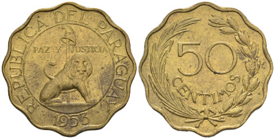 Парагвай 50 сентимо 1953 лев, фригийский колпак на шесте KM 28 алюминиевая бронза  aUNC  4177-215