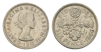 Великобритания 6 пенсов 1966 Елизавета II (1952-2022) KM 903, Spink 4149 медно-никель 192-414