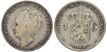 Нидерландское Кюрасао 1 гульден 1944 D, Вильгельмина (1890-1948) KM 45 серебро 36-736