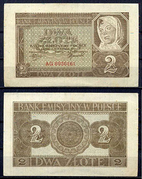 Польша 2 злотых 1940 Крестьянка Pick 92 бумага aUNC 8605-28-2-2