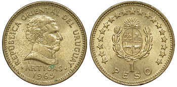 Уругвай 1 песо 1965 KM 46 алюминиевая бронза 34-424