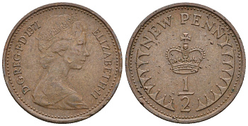 Великобритания 1/2 пенни 1971 Елизавета II (1952-2022) KM 914, Spink 4239 бронза 4609-956